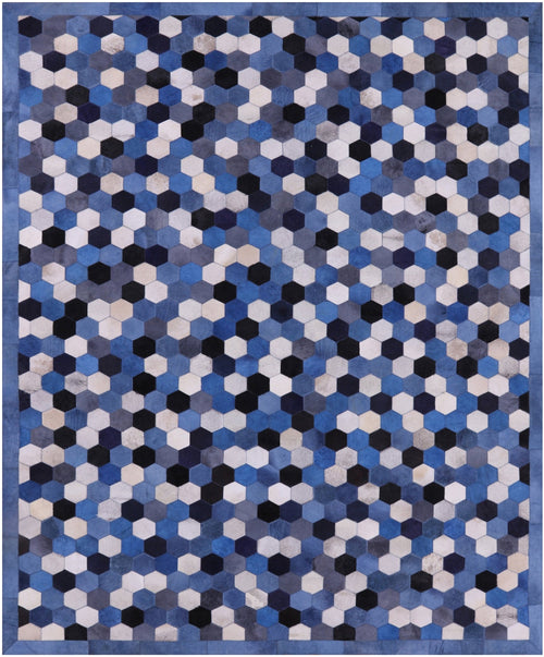 Blue & White Patchwork Natural Cowhide Rug - 8' 0