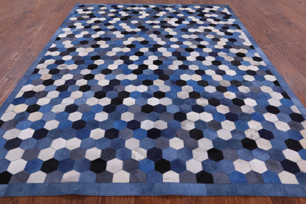 Blue & White Patchwork Cowhide Rug - 8' 0" x 10' 0"