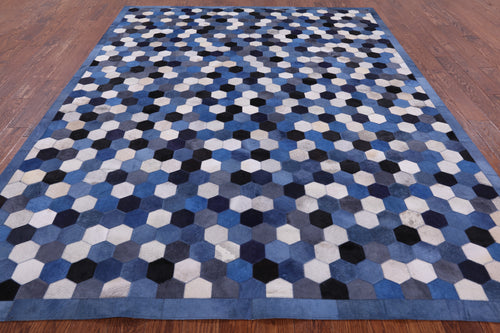 Blue & White Patchwork Natural Cowhide Rug - 8' 0