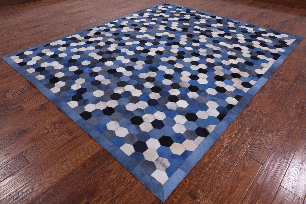 Blue & White Patchwork Cowhide Rug - 8' 0" x 10' 0"