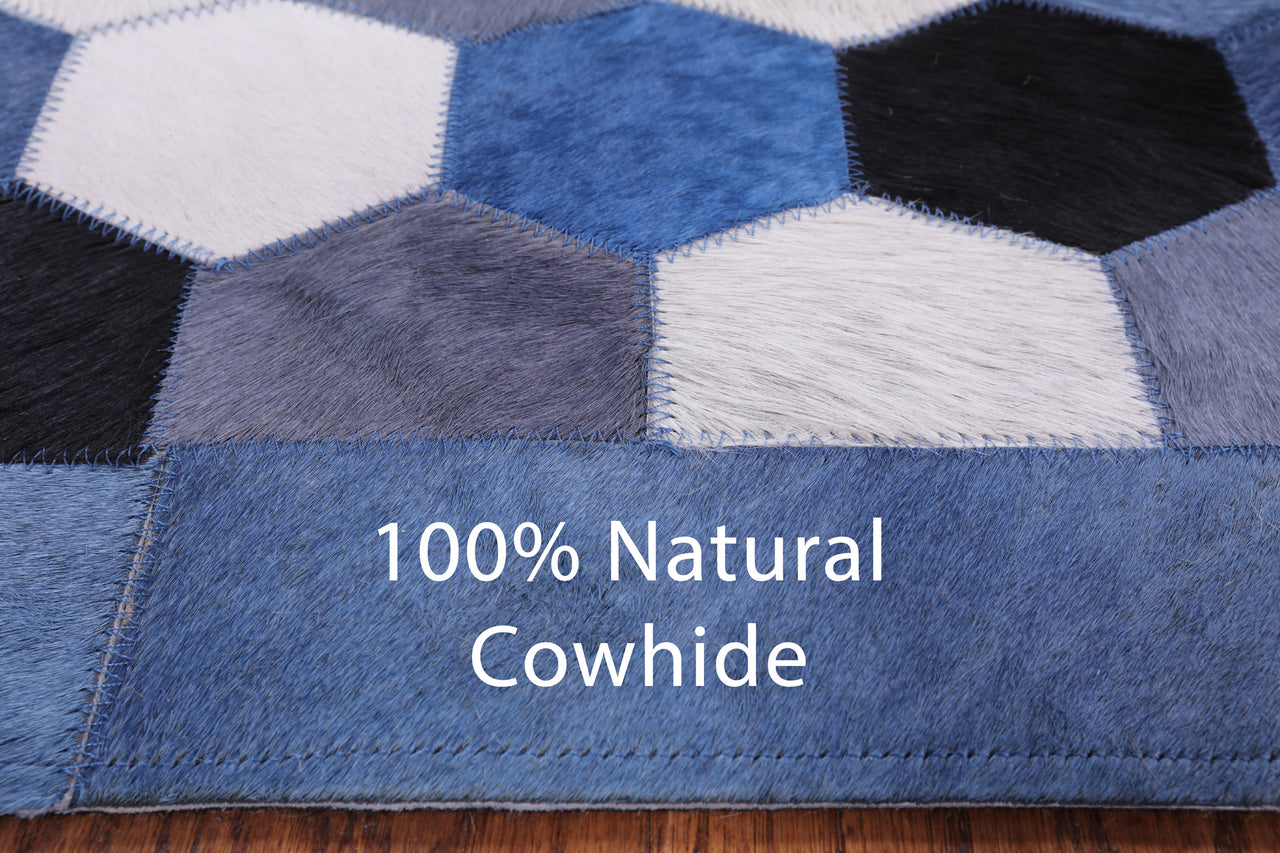 Blue & White Patchwork Cowhide Rug - 8' 0" x 10' 0"