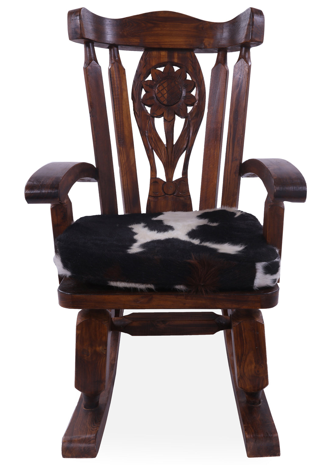 Wooden Rocking Chair Handcarved Back Sunflower Removable Hair-On Cowhide Pillow