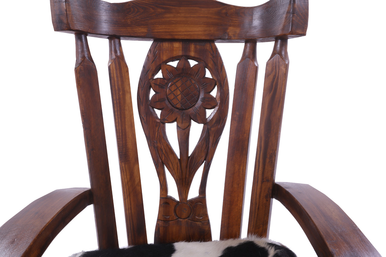 Wooden Rocking Chair Handcarved Back Sunflower Removable Hair-On Cowhide Pillow