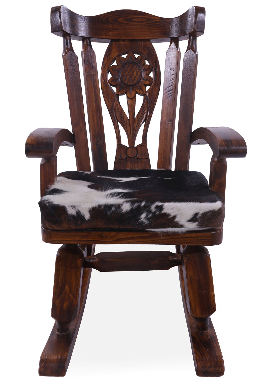 Wooden Rocking Chair Handcarved Back Sunflower Removable Hair-On Cowhide Pillow