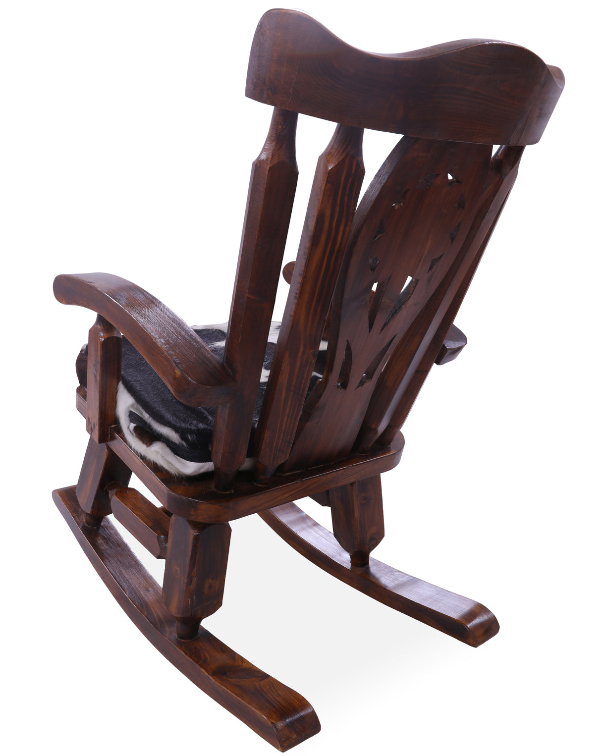 Wooden Rocking Chair Handcarved Back Sunflower Removable Hair-On Cowhide Pillow