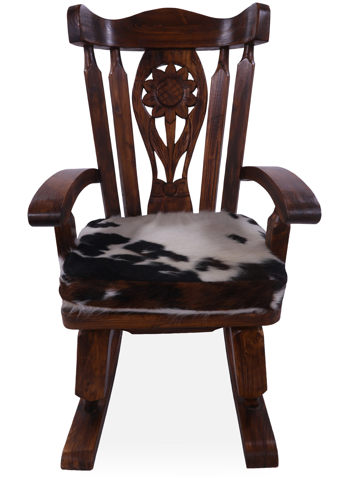 Wooden Rocking Chair Handcarved Back Sunflower Removable Hair-On Cowhide Pillow