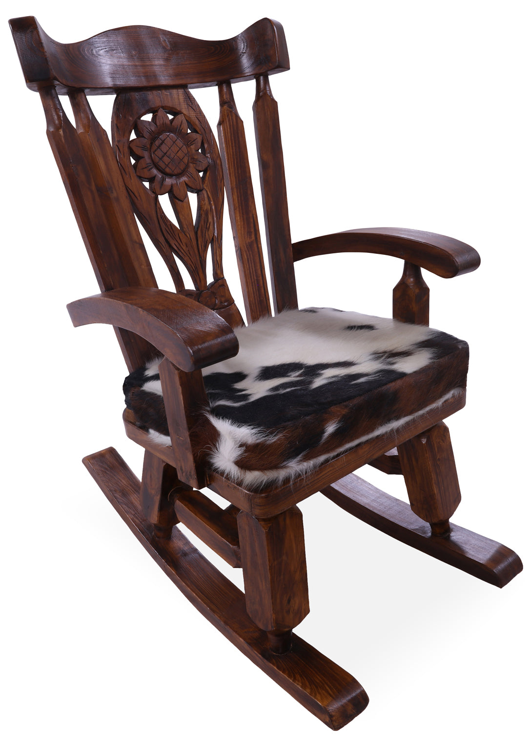 Wooden Rocking Chair Handcarved Back Sunflower Removable Hair-On Cowhide Pillow