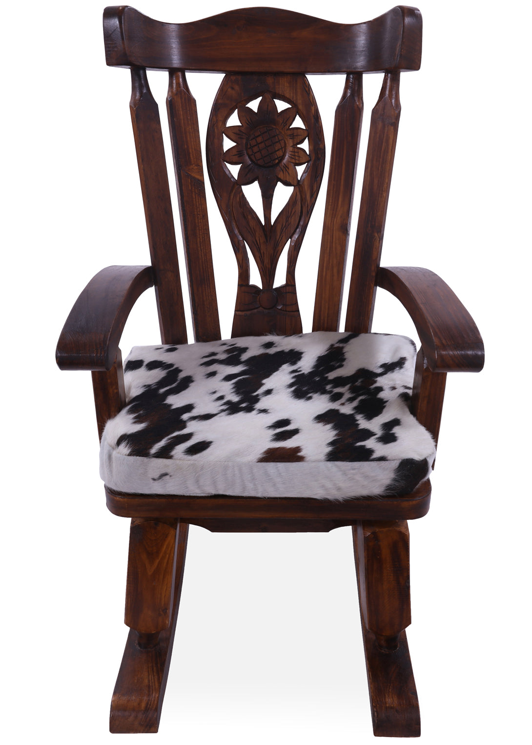 Wooden Rocking Chair Handcarved Back Sunflower Removable Hair-On Cowhide Pillow