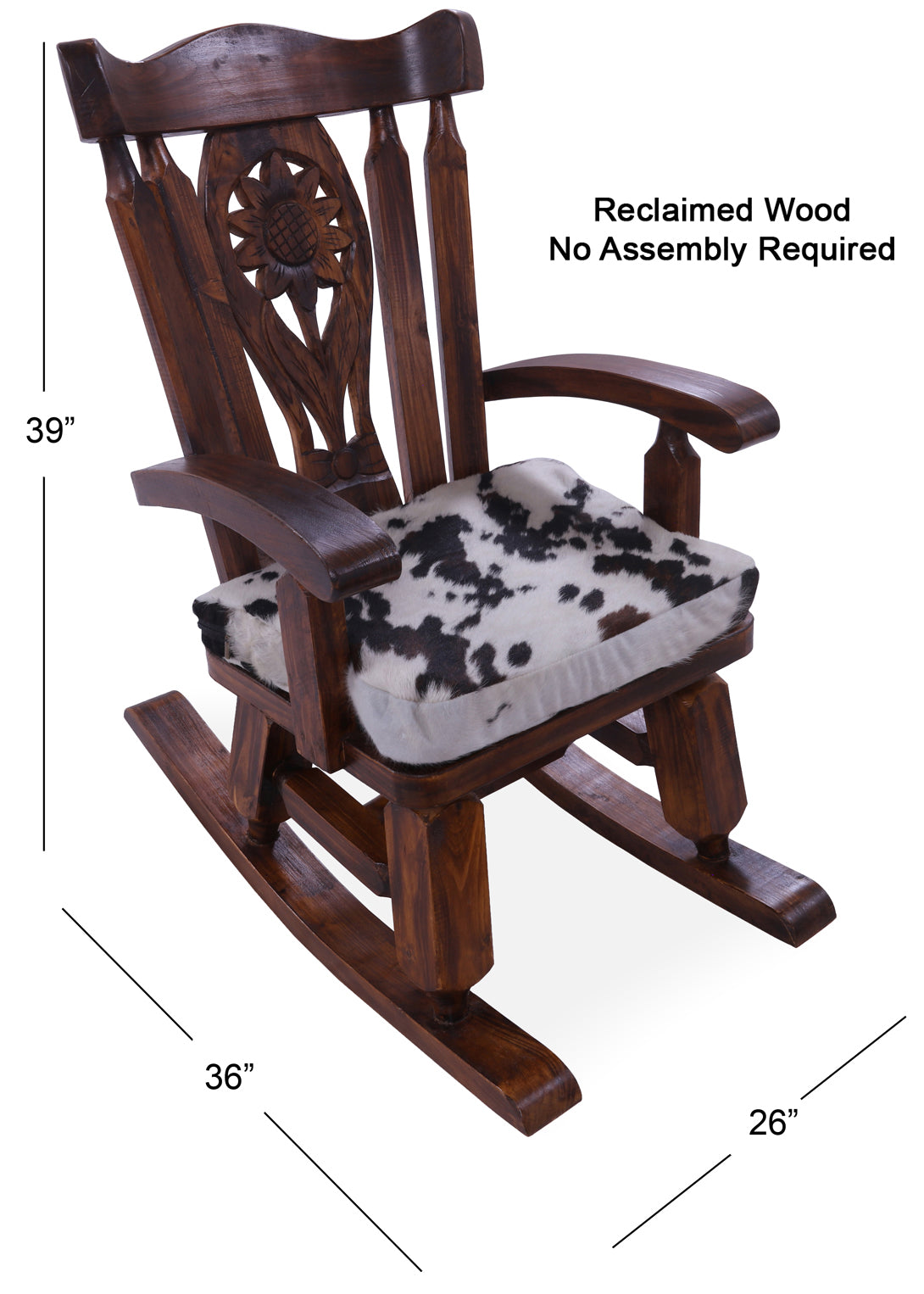 Wooden Rocking Chair Handcarved Back Sunflower Removable Hair-On Cowhide Pillow