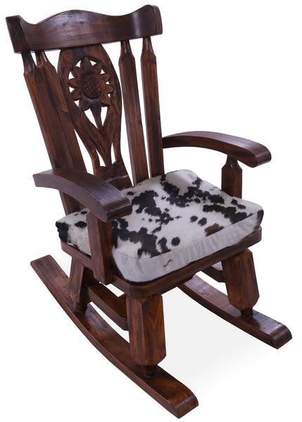 Wooden Rocking Chair Handcarved Back Sunflower Removable Hair-On Cowhide Pillow