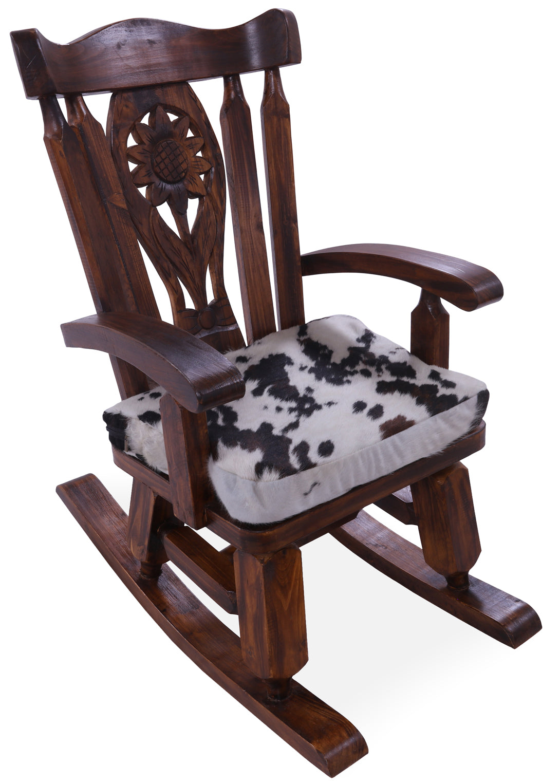 Wooden Rocking Chair Handcarved Back Sunflower Removable Hair-On Cowhide Pillow