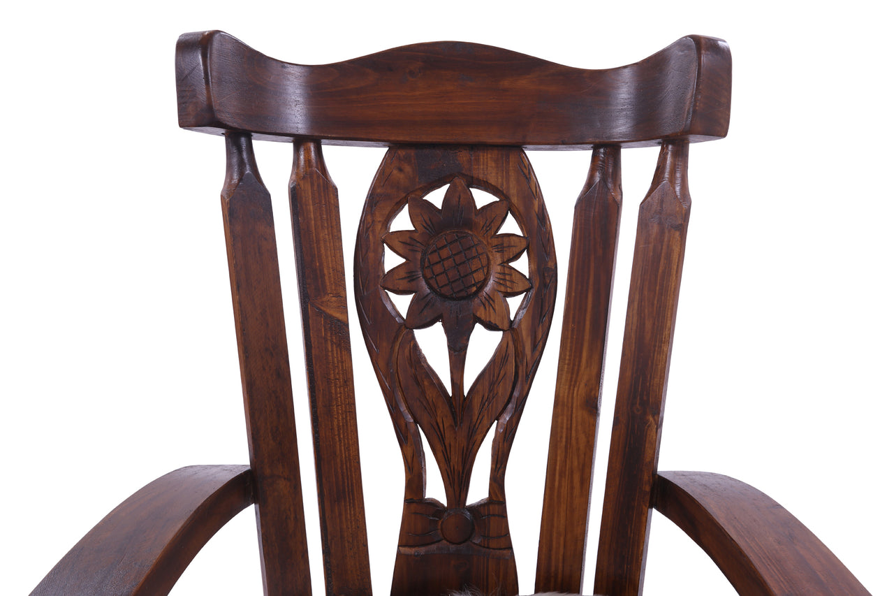 Wooden Rocking Chair Handcarved Back Sunflower Removable Hair-On Cowhide Pillow