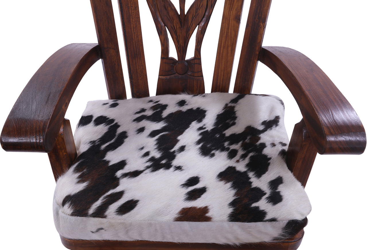 Wooden Rocking Chair Handcarved Back Sunflower Removable Hair-On Cowhide Pillow