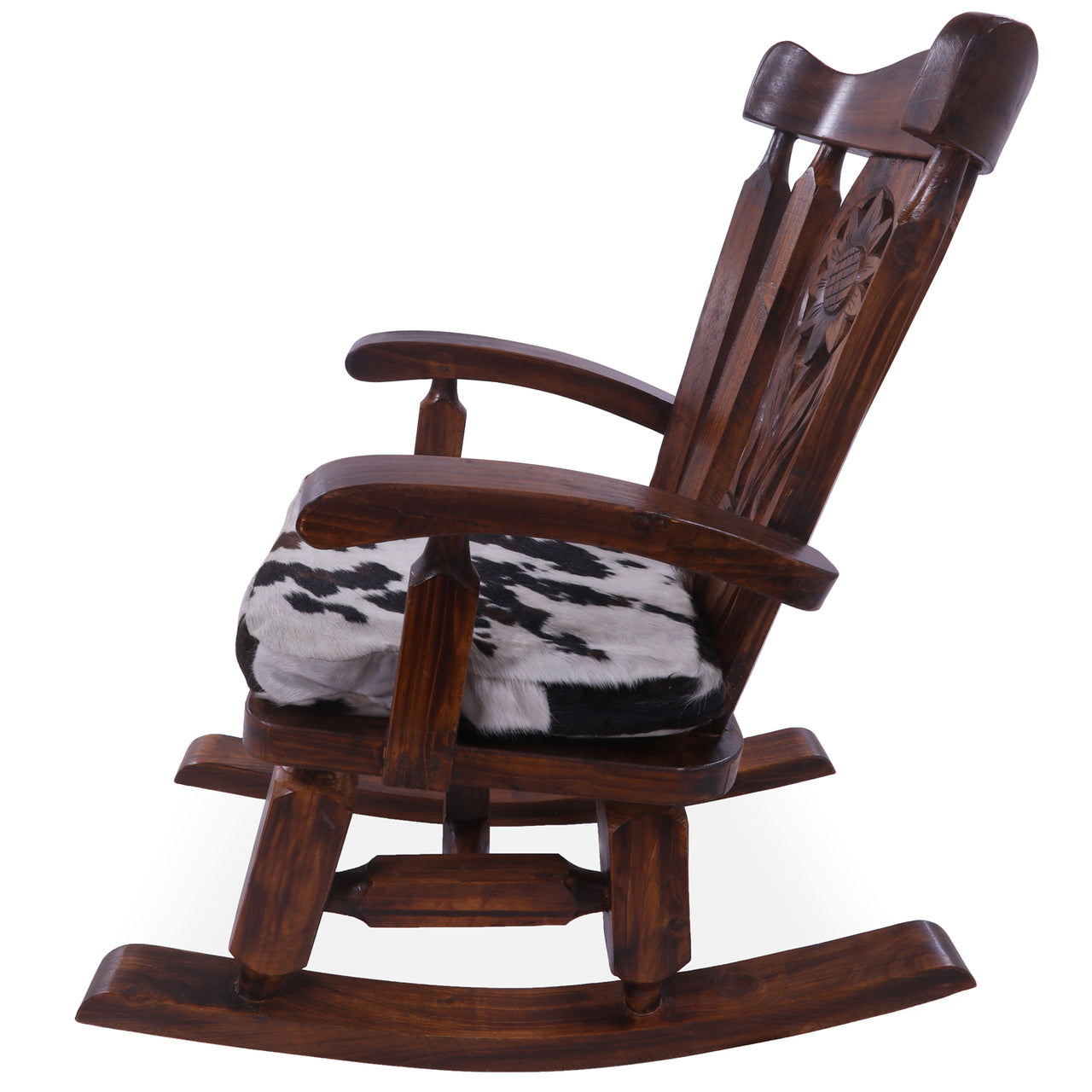 Wooden Rocking Chair Handcarved Back Sunflower Removable Hair-On Cowhide Pillow