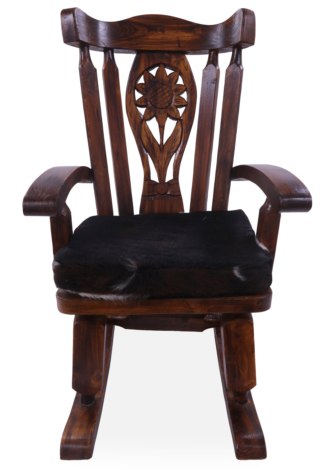 Wooden Rocking Chair Handcarved Back Sunflower Removable Hair-On Cowhide Pillow