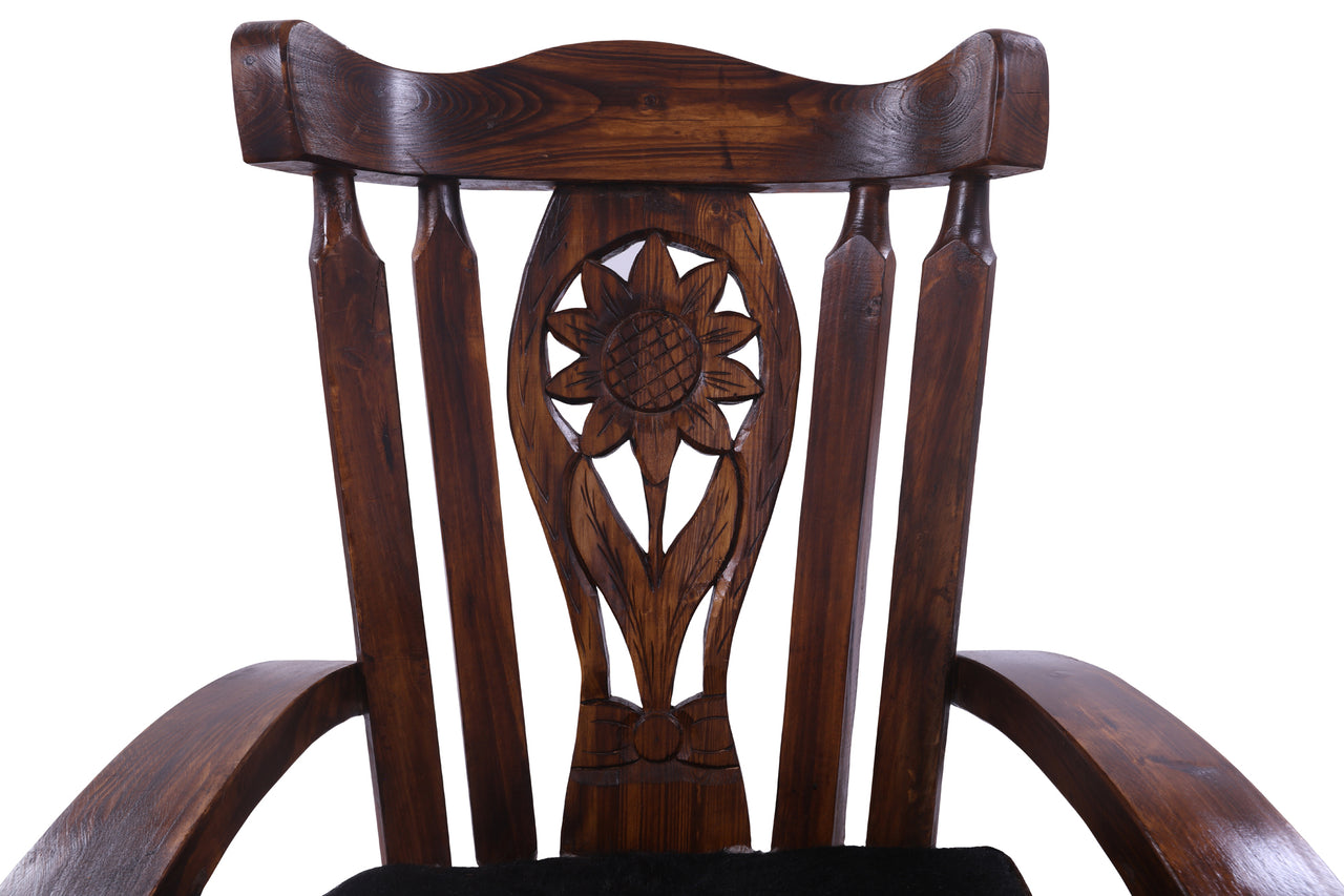 Wooden Rocking Chair Handcarved Back Sunflower Removable Hair-On Cowhide Pillow