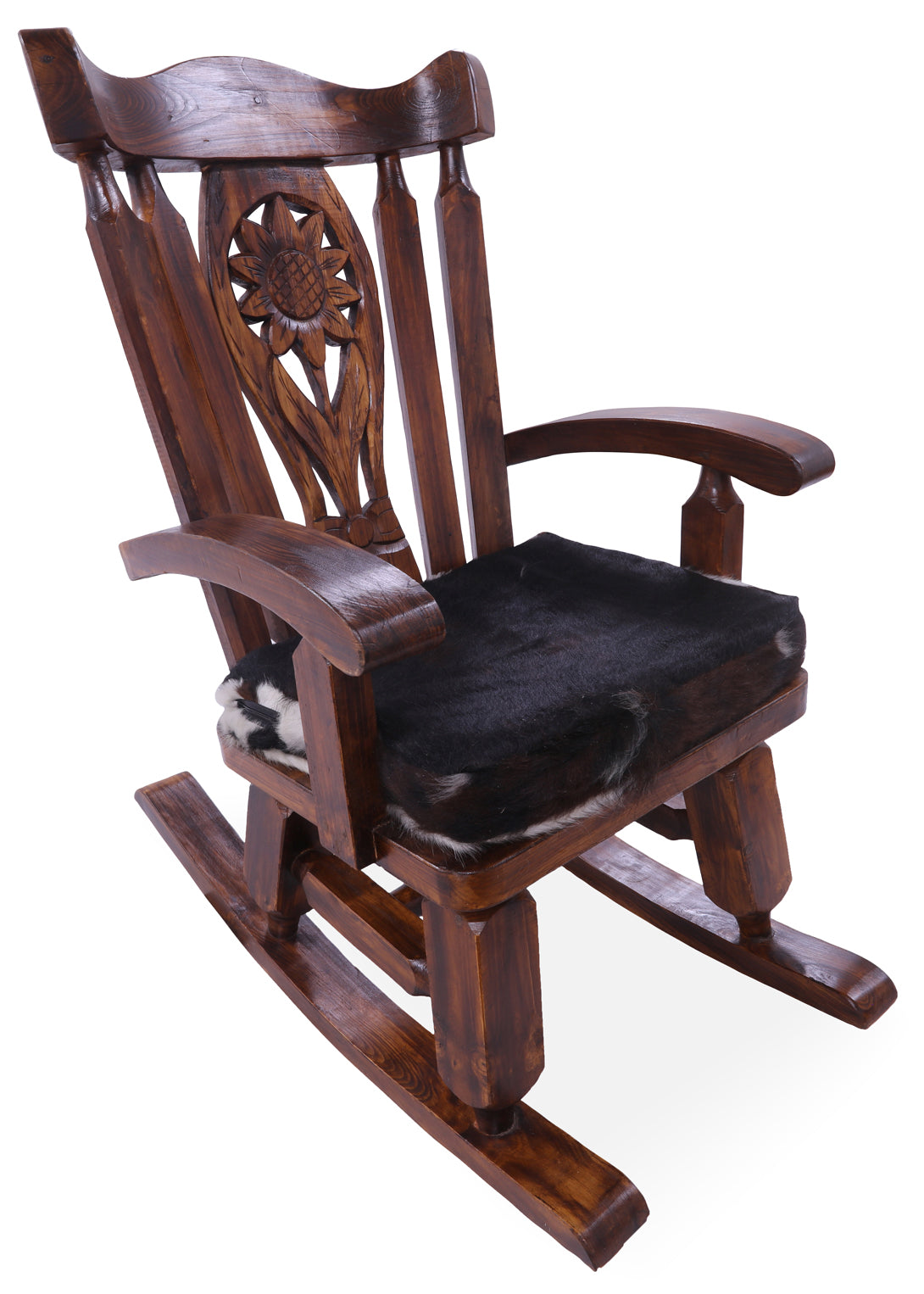 Wooden Rocking Chair Handcarved Back Sunflower Removable Hair-On Cowhide Pillow