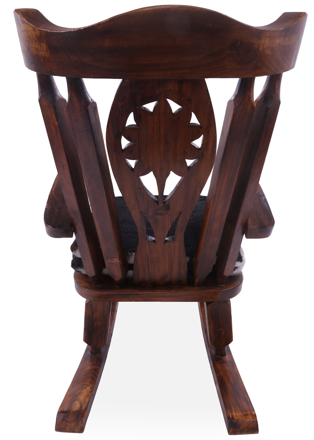 Wooden Rocking Chair Handcarved Back Sunflower Removable Hair-On Cowhide Pillow