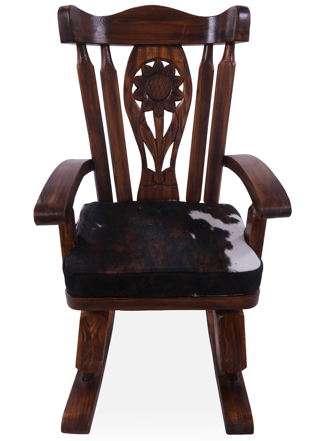 Wooden Rocking Chair Handcarved Back Sunflower Removable Hair-On Cowhide Pillow
