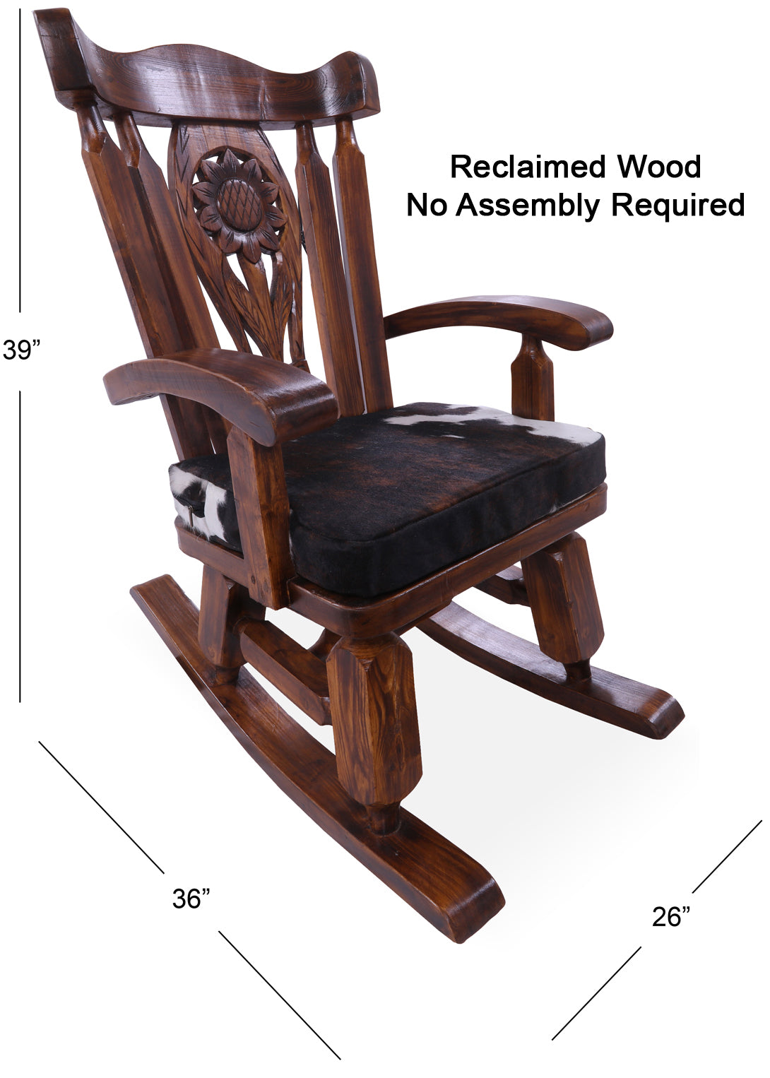 Wooden Rocking Chair Handcarved Back Sunflower Removable Hair-On Cowhide Pillow