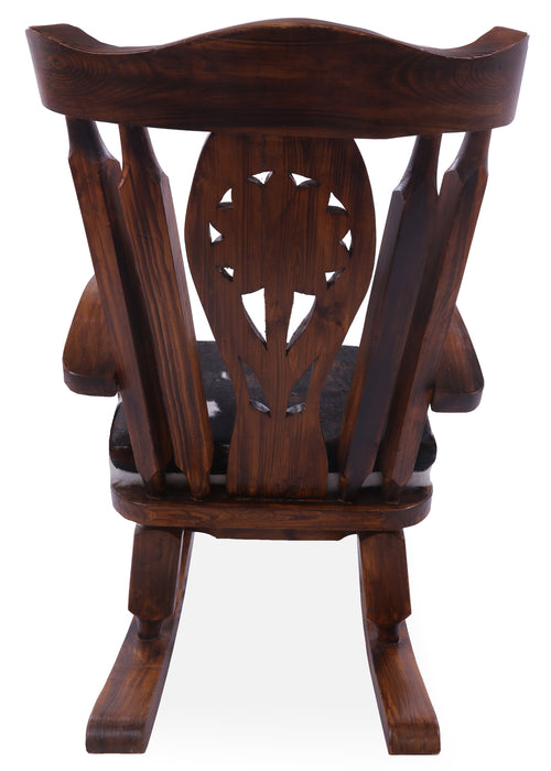 Wooden Rocking Chair Handcarved Back Sunflower Removable Hair-On Cowhide Pillow