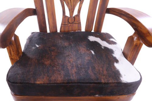 Wooden Rocking Chair Handcarved Back Sunflower Removable Hair-On Cowhide Pillow