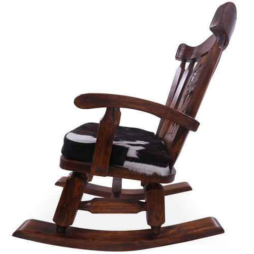 Wooden Rocking Chair Handcarved Back Sunflower Removable Hair-On Cowhide Pillow
