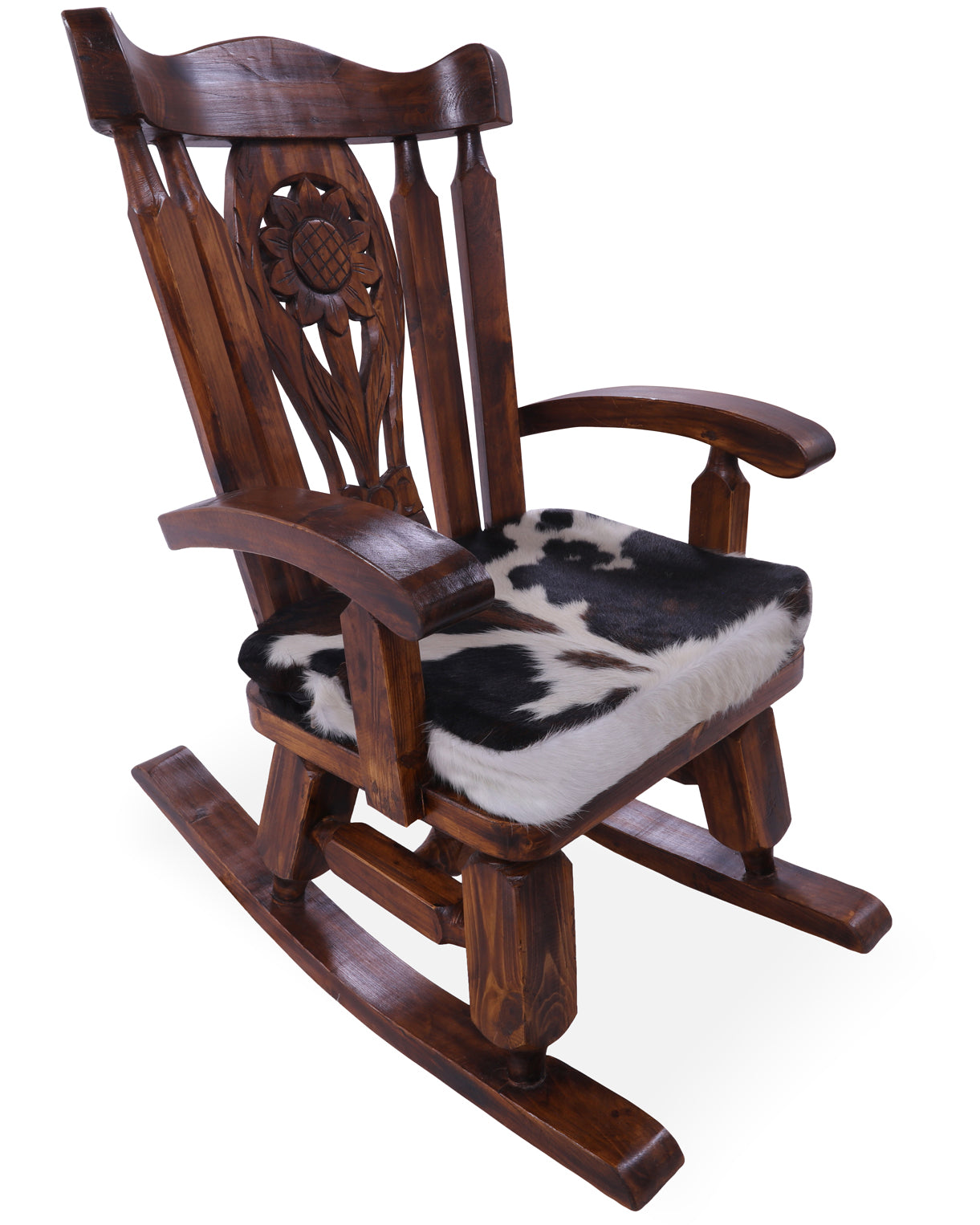 Wooden Rocking Chair Handcarved Back Sunflower Removable Hair-On Cowhide Pillow