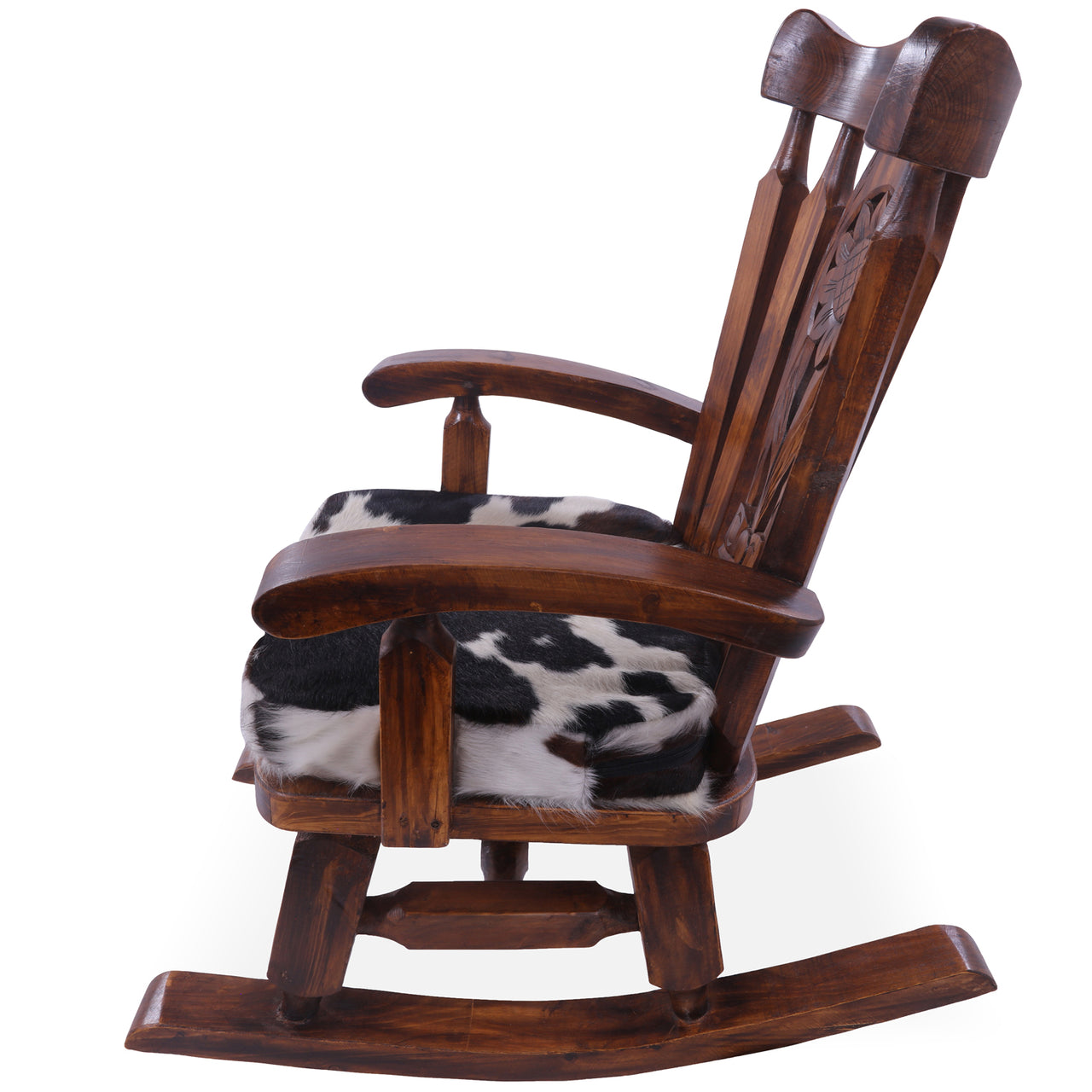 Wooden Rocking Chair Handcarved Back Sunflower Removable Hair-On Cowhide Pillow