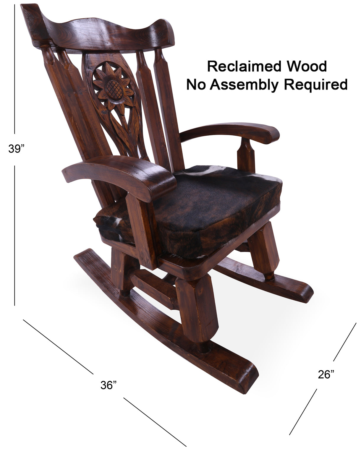 Wooden Rocking Chair Handcarved Back Sunflower Removable Hair-On Cowhide Pillow