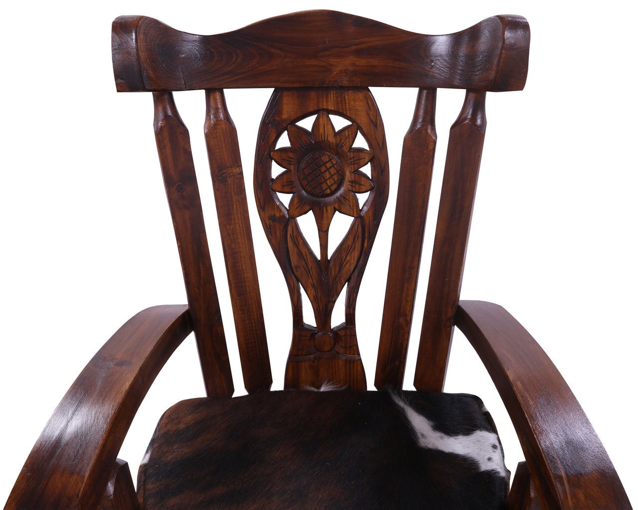 Wooden Rocking Chair Handcarved Back Sunflower Removable Hair-On Cowhide Pillow