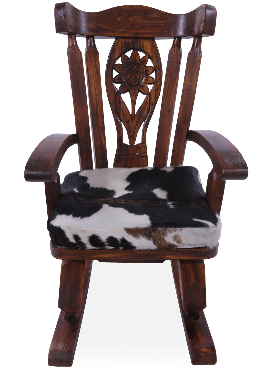 Wooden Rocking Chair Handcarved Back Sunflower Removable Hair-On Cowhide Pillow