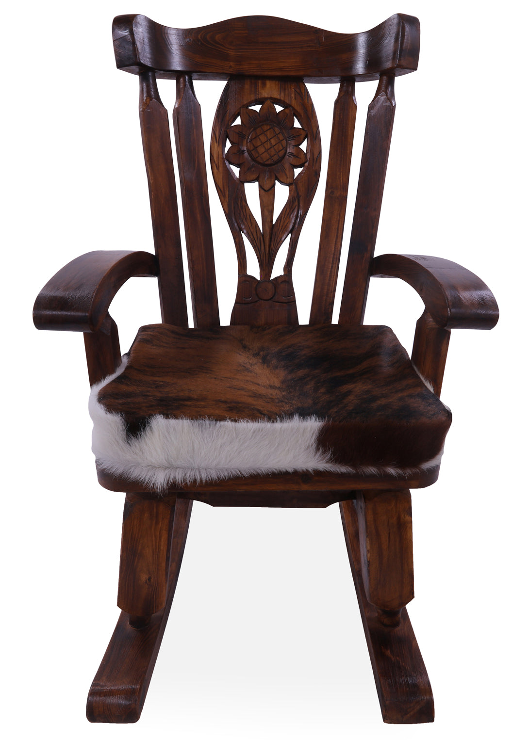 Wooden Rocking Chair Handcarved Back Sunflower Removable Hair-On Cowhide Pillow