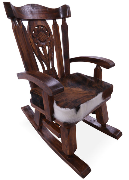 Wooden Rocking Chair Handcarved Back Sunflower Removable Hair-On Cowhide Pillow