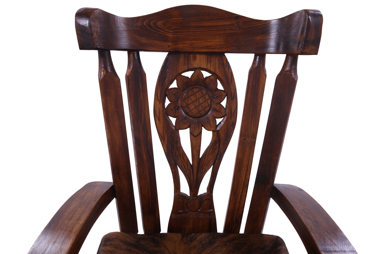 Wooden Rocking Chair Handcarved Back Sunflower Removable Hair-On Cowhide Pillow