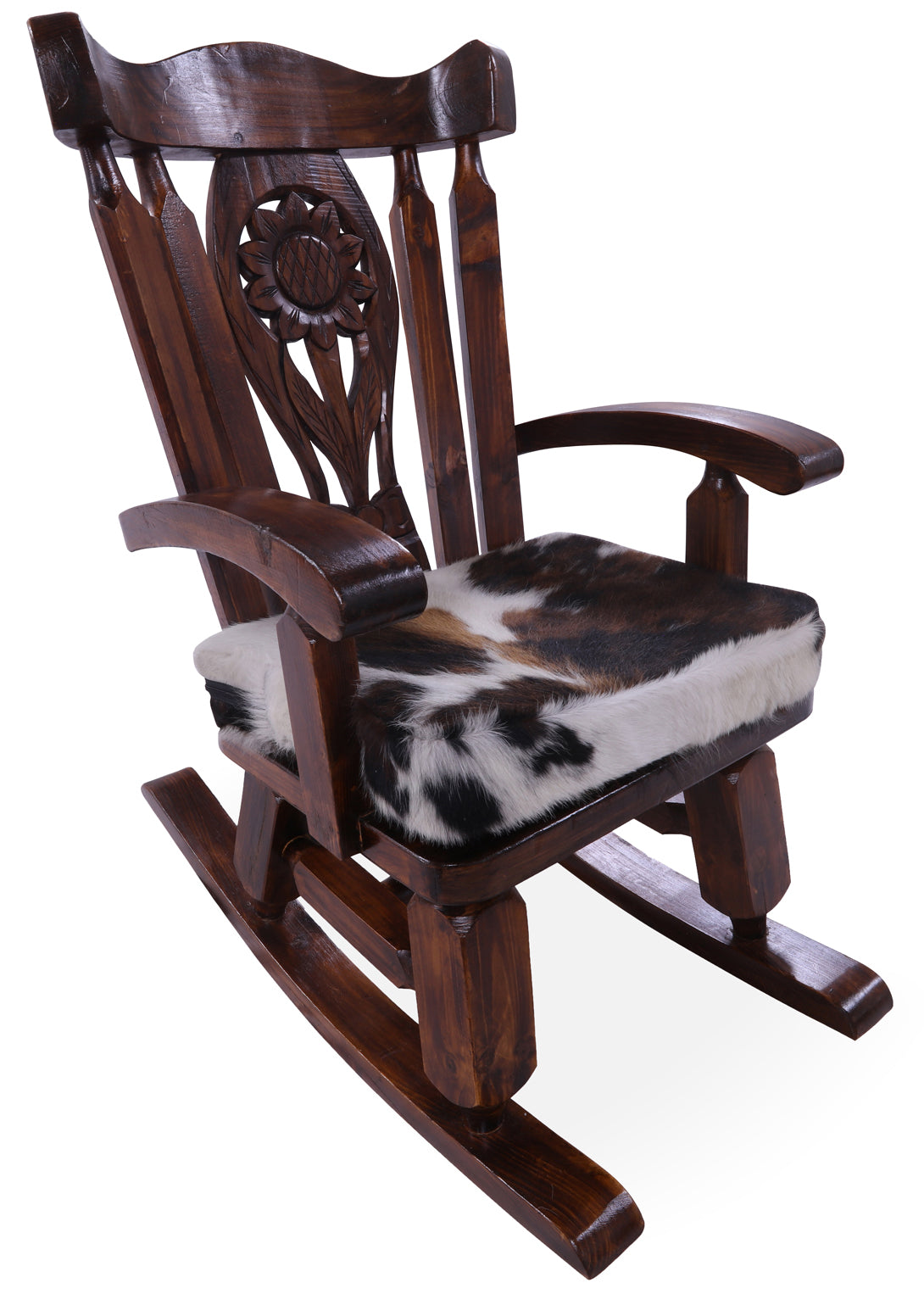 Wooden Rocking Chair Handcarved Back Sunflower Removable Hair-On Cowhide Pillow