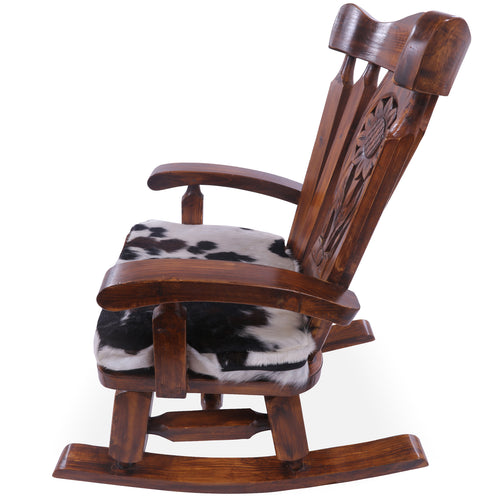 Wooden Rocking Chair Handcarved Back Sunflower Removable Hair-On Cowhide Pillow