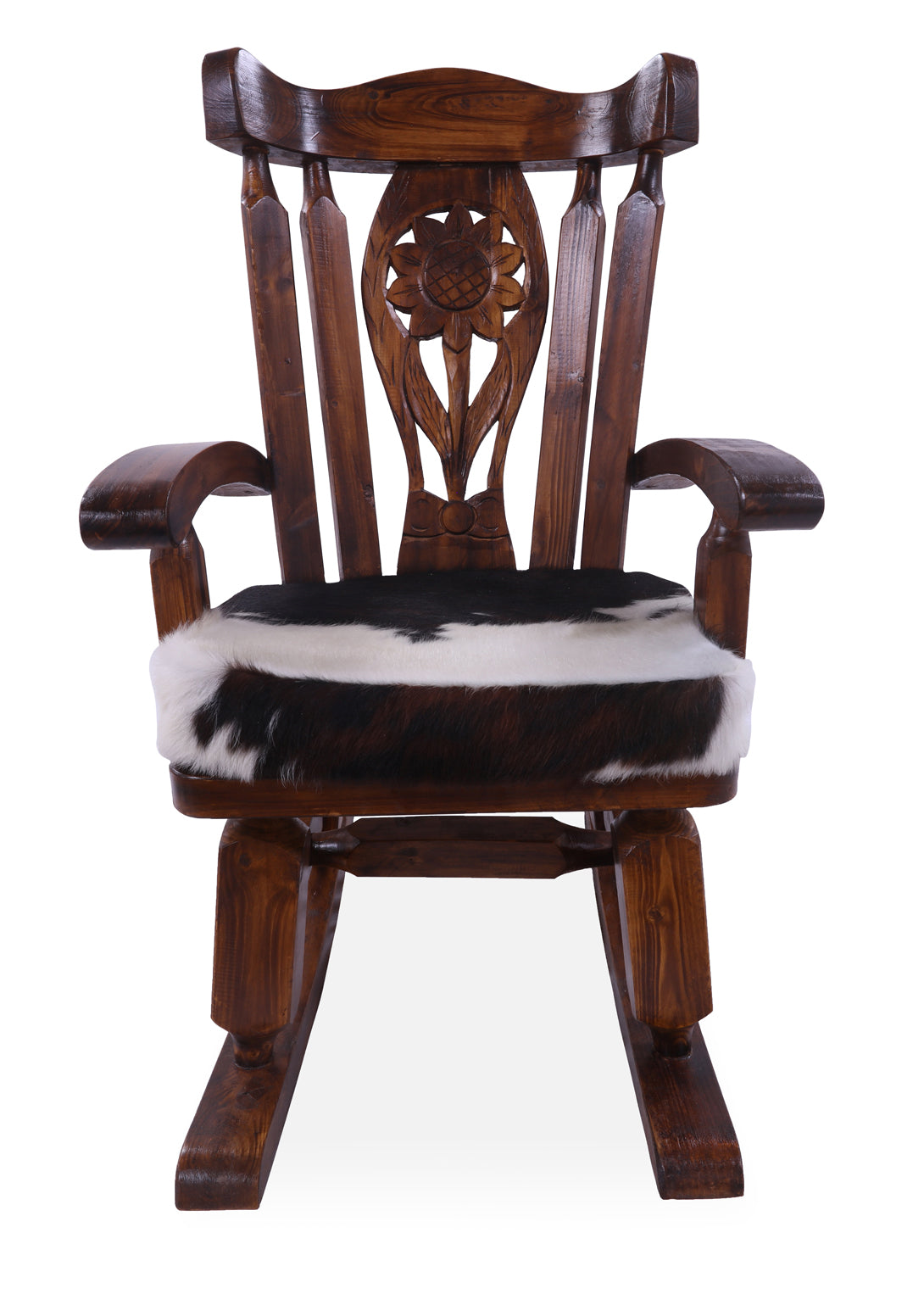 Wooden Rocking Chair Handcarved Back Sunflower Removable Hair-On Cowhide Pillow