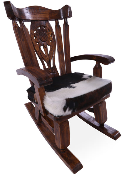 Wooden Rocking Chair Handcarved Back Sunflower Removable Hair-On Cowhide Pillow