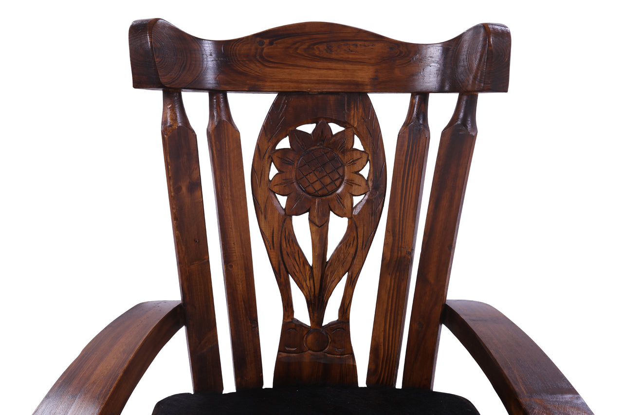 Wooden Rocking Chair Handcarved Back Sunflower Removable Hair-On Cowhide Pillow