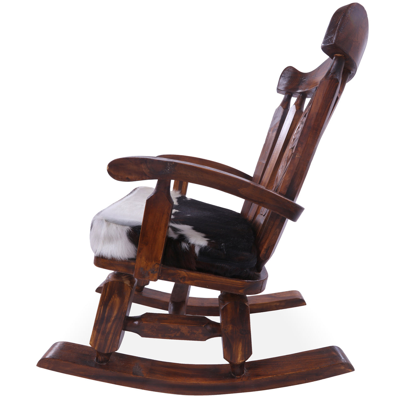 Wooden Rocking Chair Handcarved Back Sunflower Removable Hair-On Cowhide Pillow