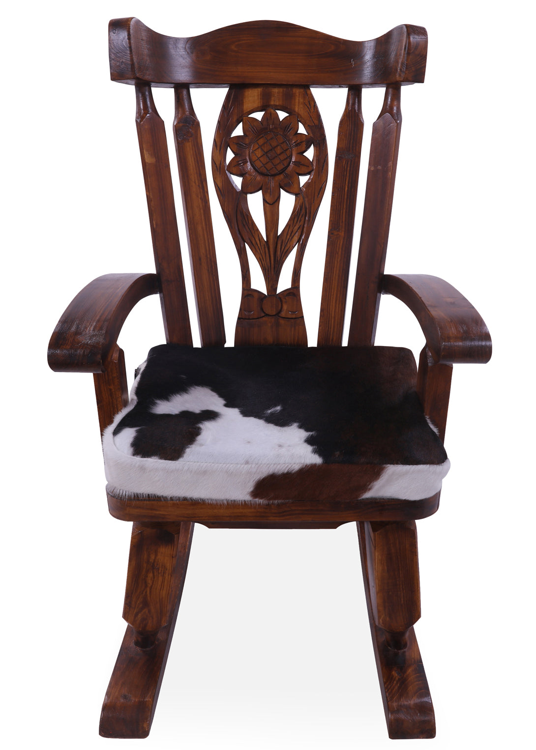 Wooden Rocking Chair Handcarved Back Sunflower Removable Hair-On Cowhide Pillow