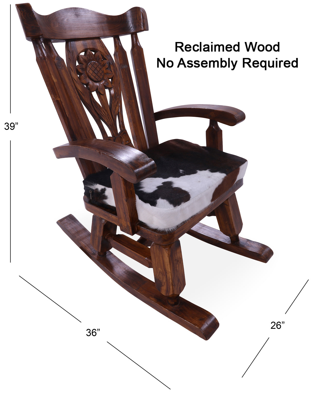 Wooden Rocking Chair Handcarved Back Sunflower Removable Hair-On Cowhide Pillow