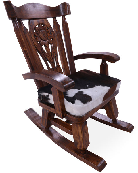 Wooden Rocking Chair Handcarved Back Sunflower Removable Hair-On Cowhide Pillow