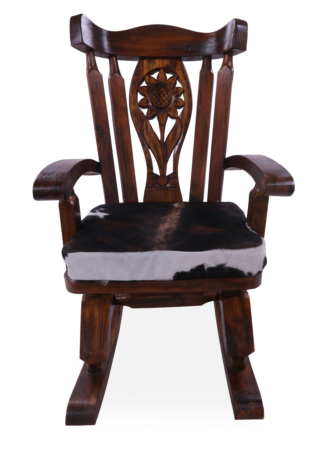 Wooden Rocking Chair Handcarved Back Sunflower Removable Hair-On Cowhide Pillow