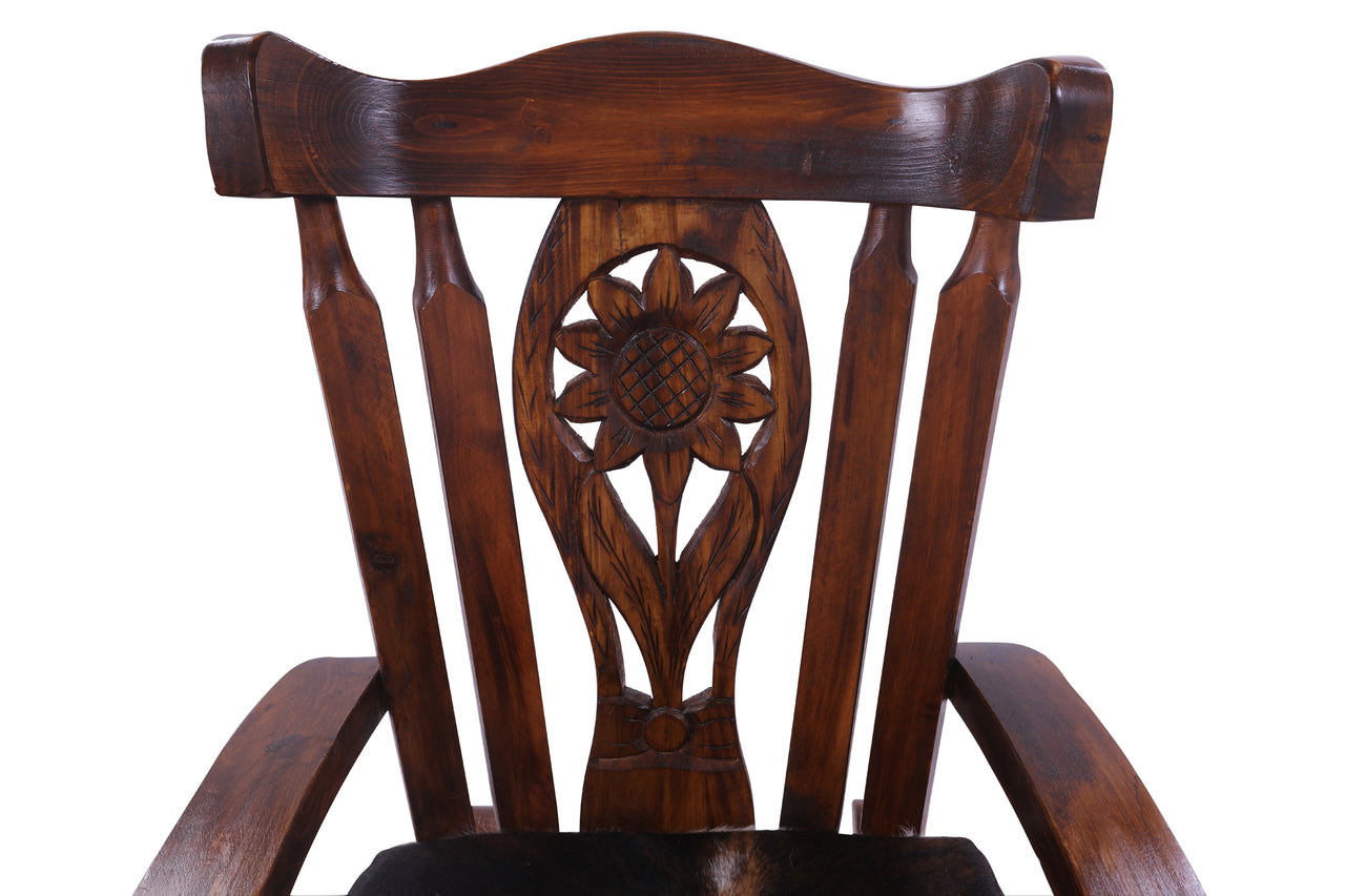 Wooden Rocking Chair Handcarved Back Sunflower Removable Hair-On Cowhide Pillow