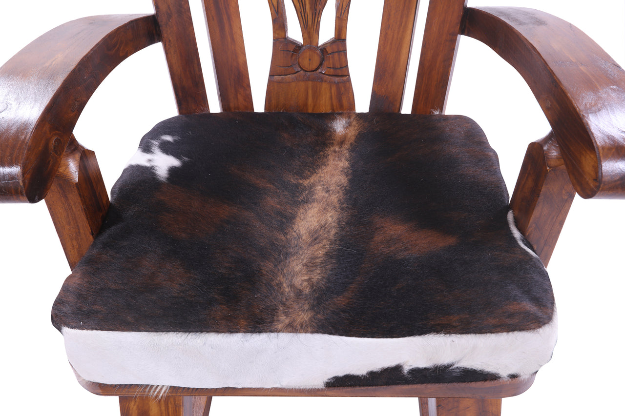 Wooden Rocking Chair Handcarved Back Sunflower Removable Hair-On Cowhide Pillow