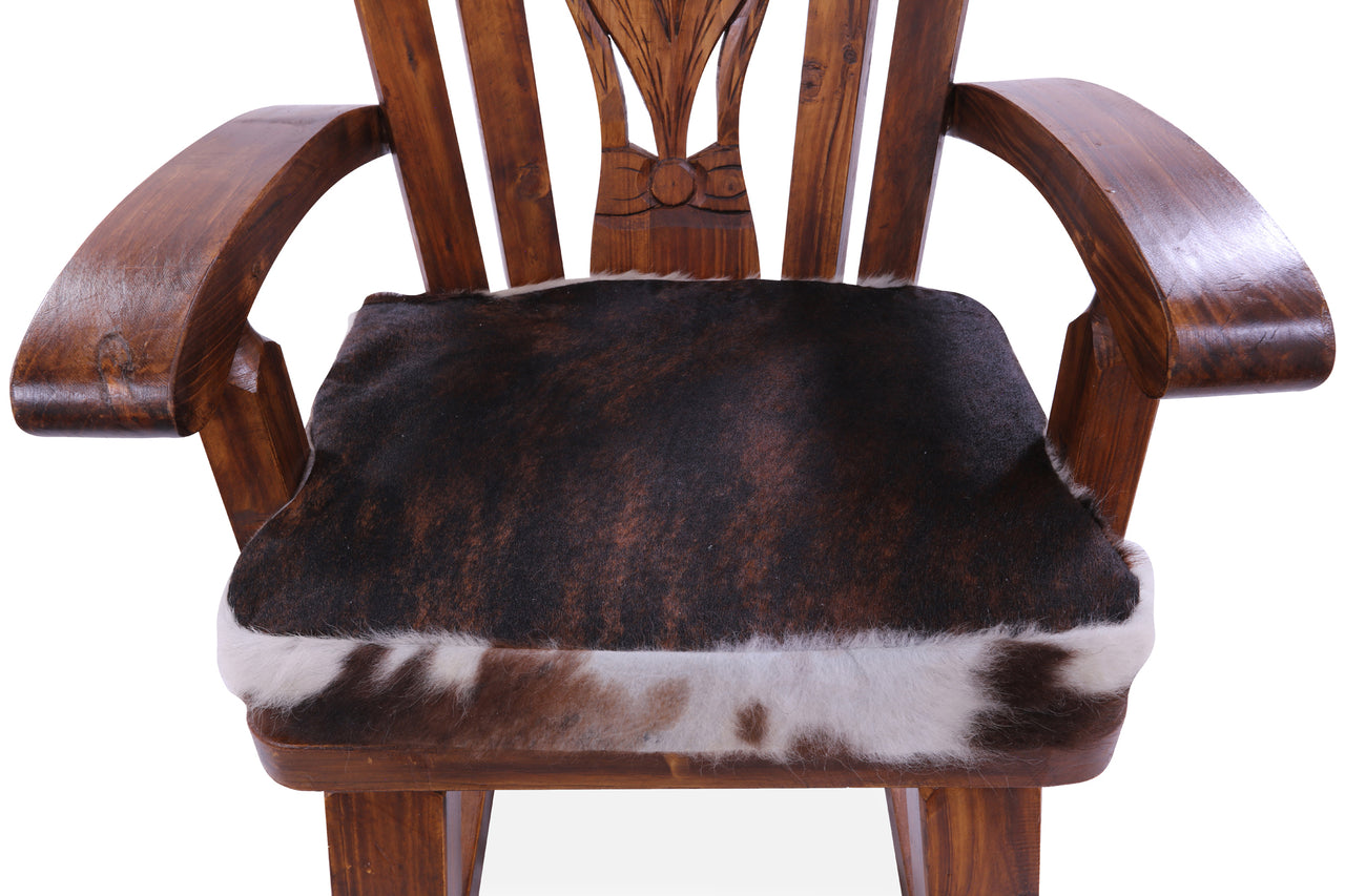 Wooden Rocking Chair Handcarved Back Sunflower Removable Hair-On Cowhide Pillow