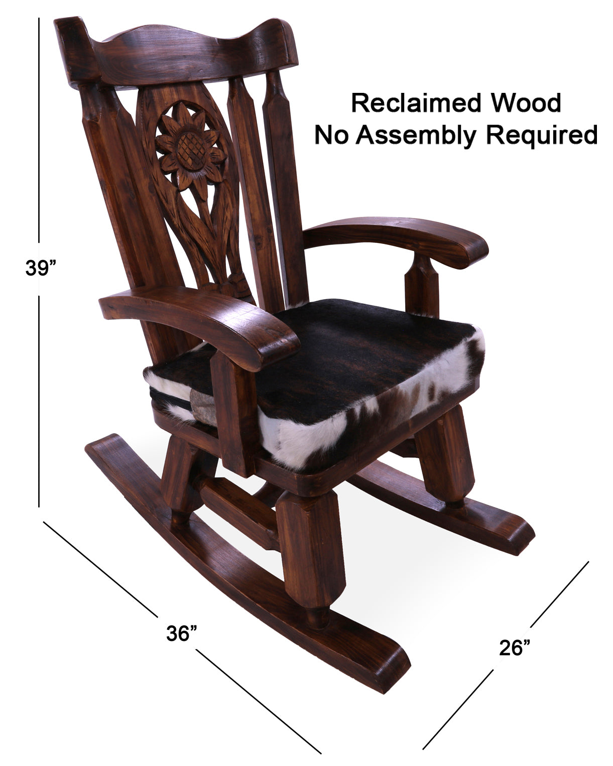 Wooden Rocking Chair Handcarved Back Sunflower Removable Hair-On Cowhide Pillow