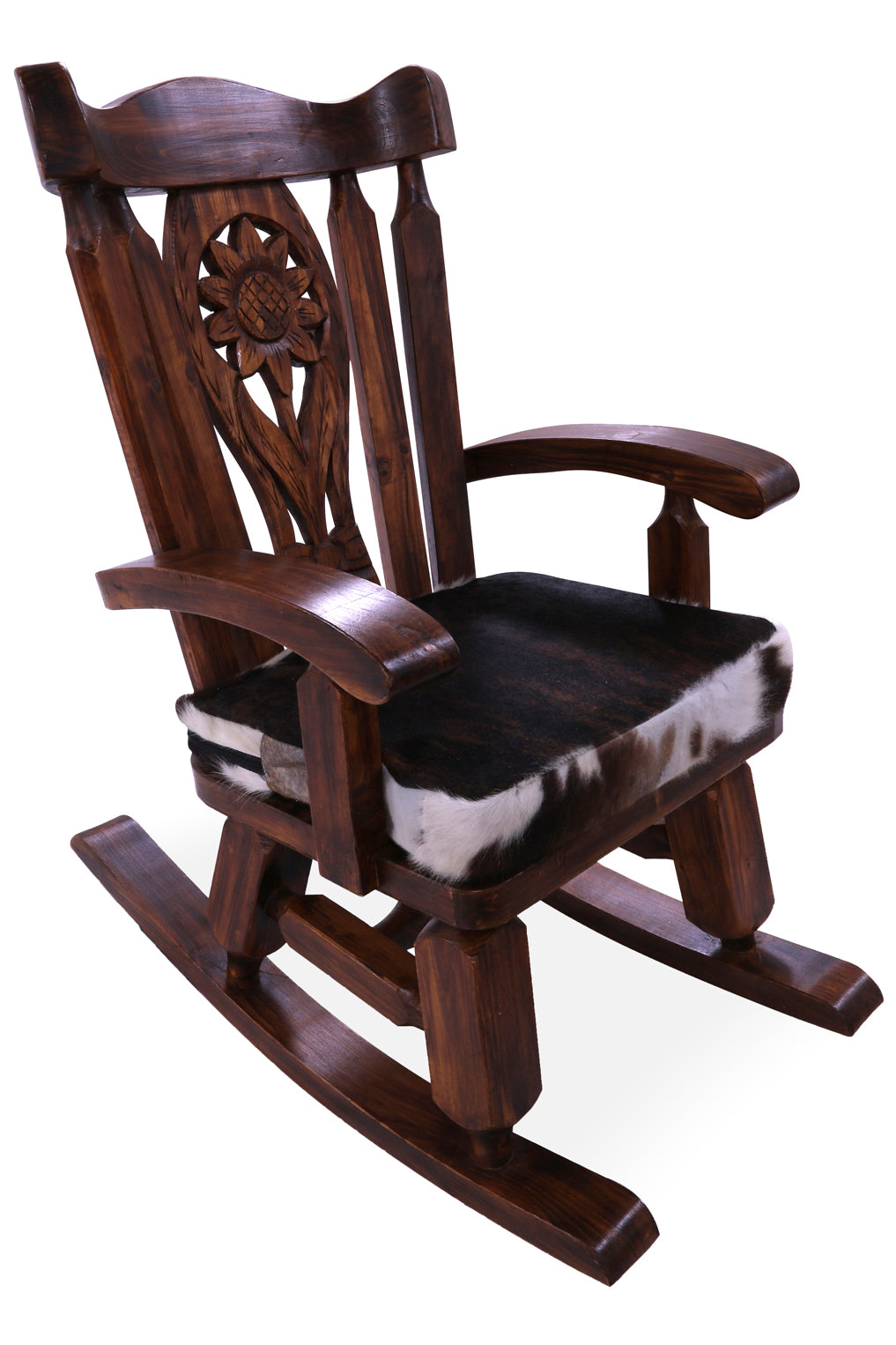 Wooden Rocking Chair Handcarved Back Sunflower Removable Hair-On Cowhide Pillow